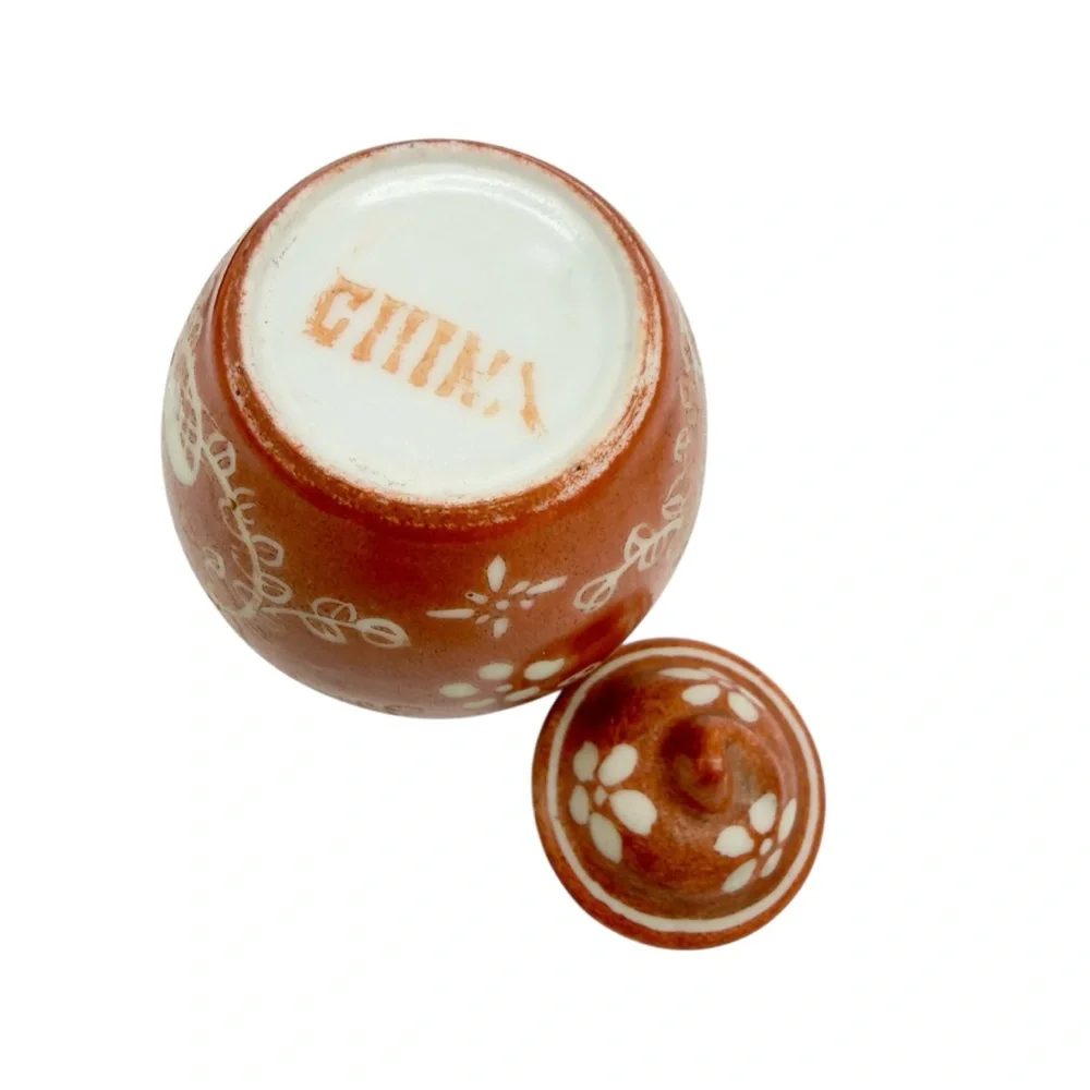 Chinese Miniature Ginger Jar Iron Red White Florals Cross With Display Base Vtg
